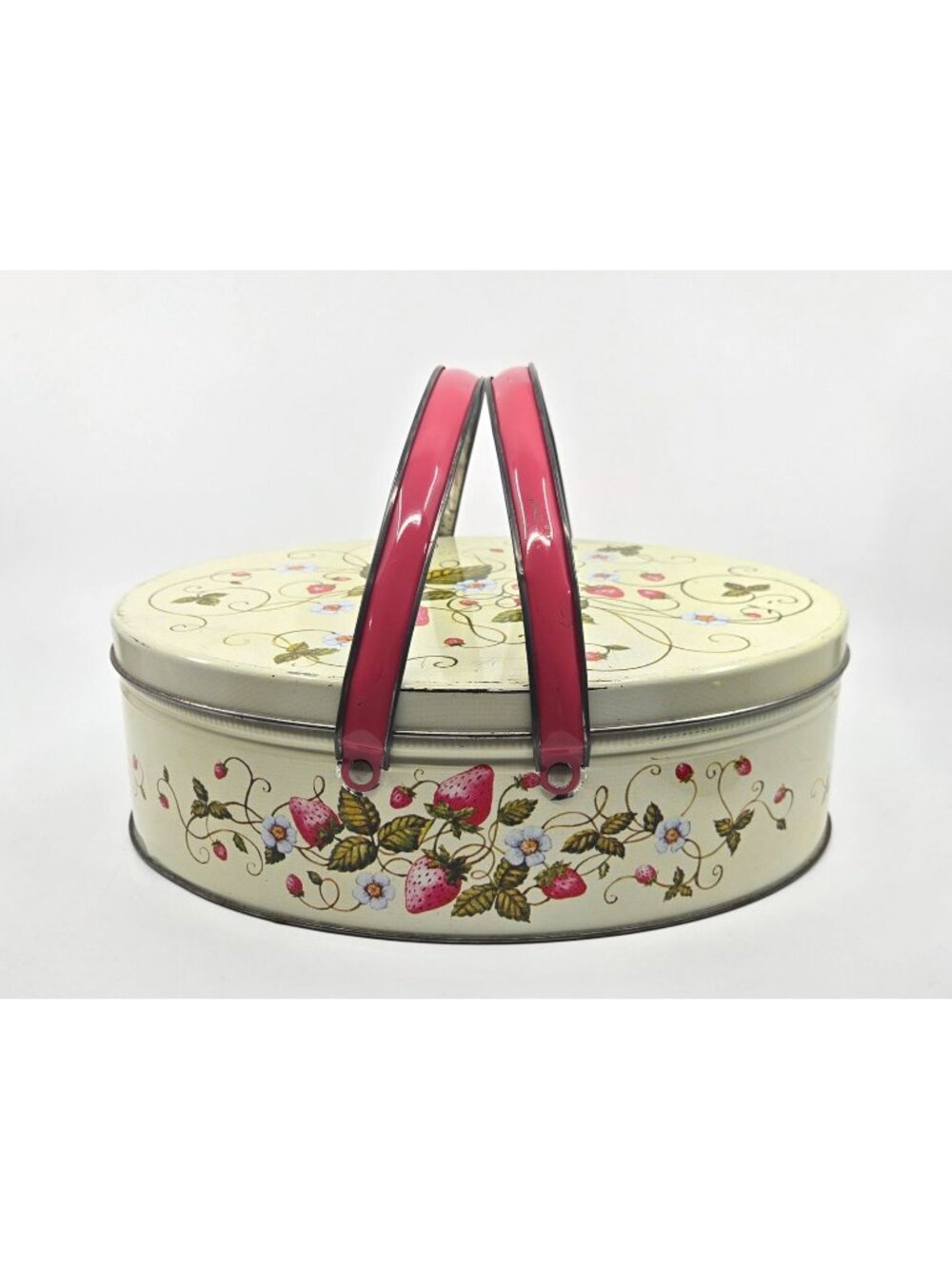 Vintage Floral Strawberry Metal Tin Box With Handles Oval Design Cream Backgroun